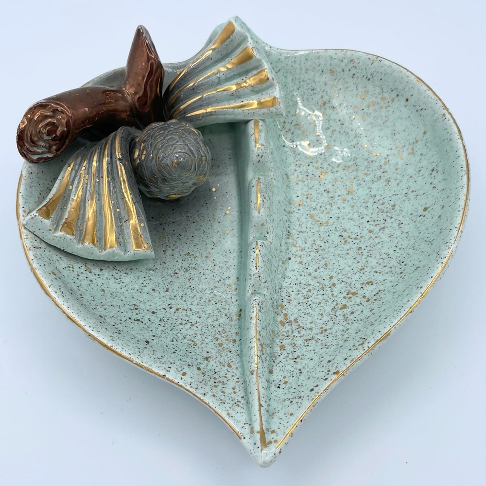 MCM Dish Pinecone Turquoise Gold Flecks Midcentury Pine Cone Ashtray